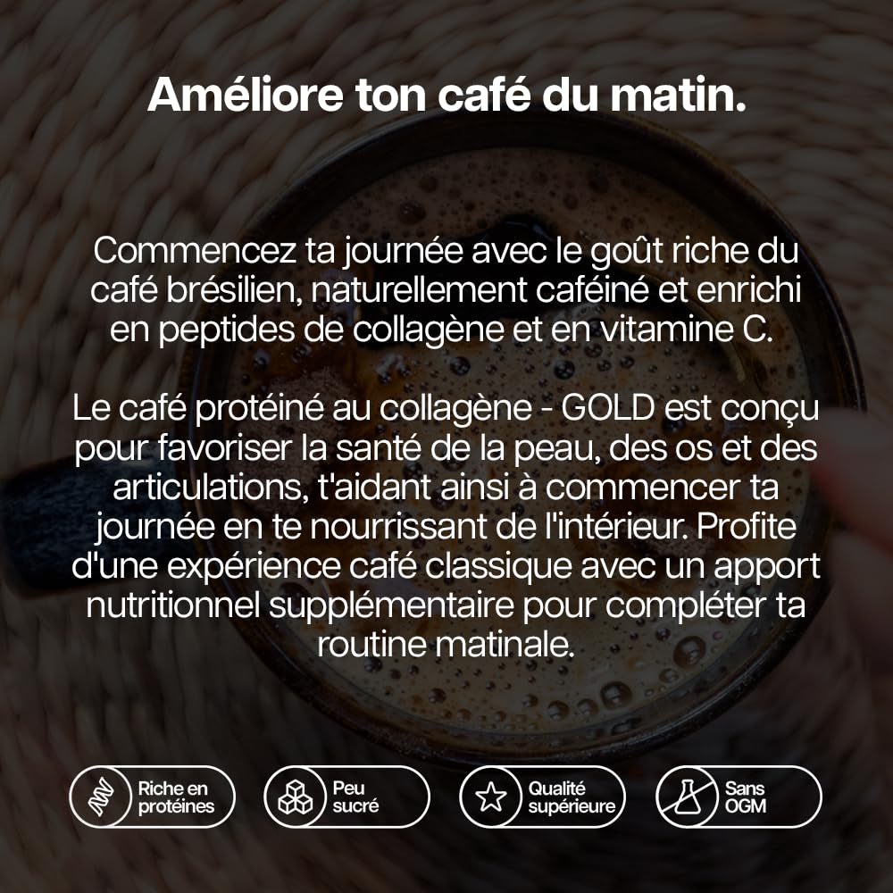 Protein Works | Café Protéiné au Collagène – GOLD Innovation, Collagène Bovin, Café Brésilien avec Collagène Hydrolysé & Vitamine C, Peptides Type 1 & 3, Latté au Caramel, 19 Portions, 475g