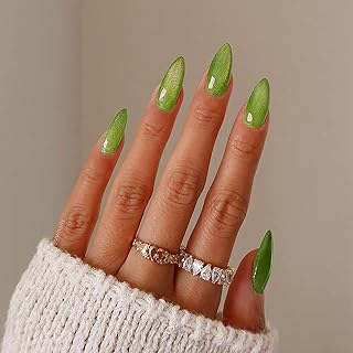 Green Press on Nails Almond Shape Fake Nails Medium False Nails with Glitter Design Glitter Acrylic Nails Full Cover Artificial Nails Glossy Stick on Nails for Women Xmas St. Patrick's Day Manicure