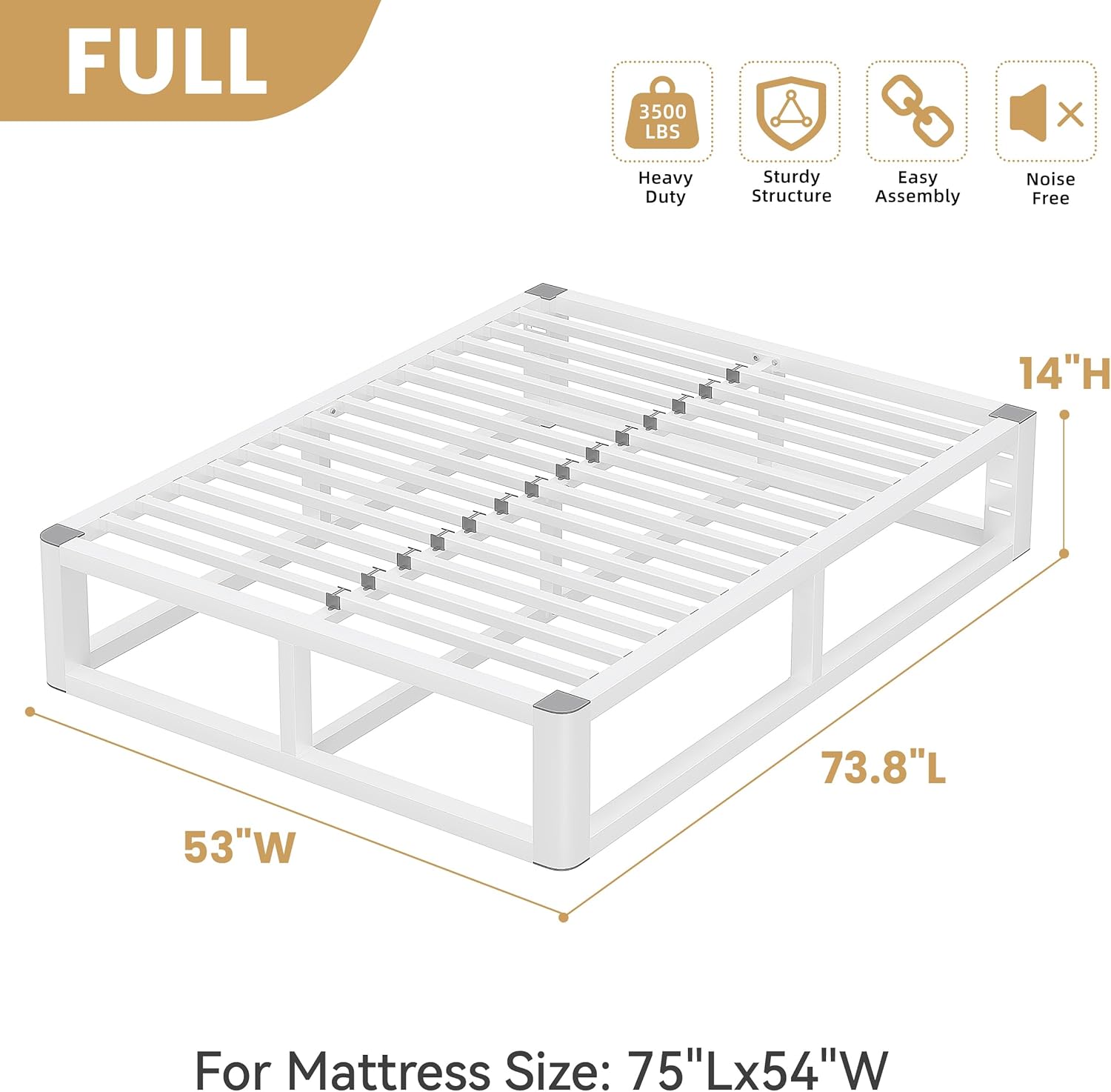 14 Inch Full Size Bed Frame with Rounded Corner and Headboard Hole, Metal Platform Bed Frames 6 Non-Slip Guards, 3500lbs Heavy Duty Steel Slat Support, Squeak Free, No Box Spring Needed, White