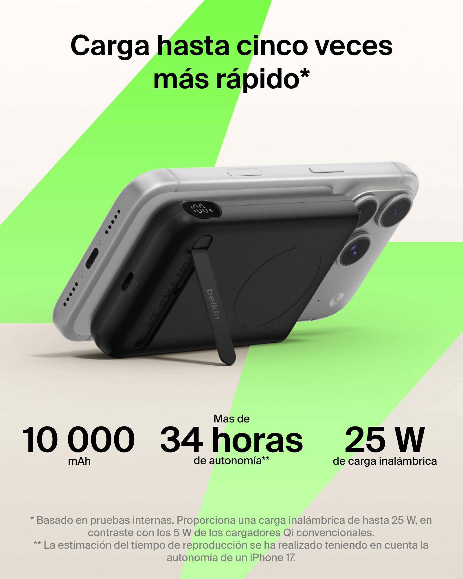 Belkin BoostCharge Batería Externa Magnética 10000 mAh con Soporte - Negro | Power Bank de 10000 mAh, Anillo Magnético, 1 Puerto USB-C, Cable Incluido, Apta como Equipaje de Mano, Batería Portátil