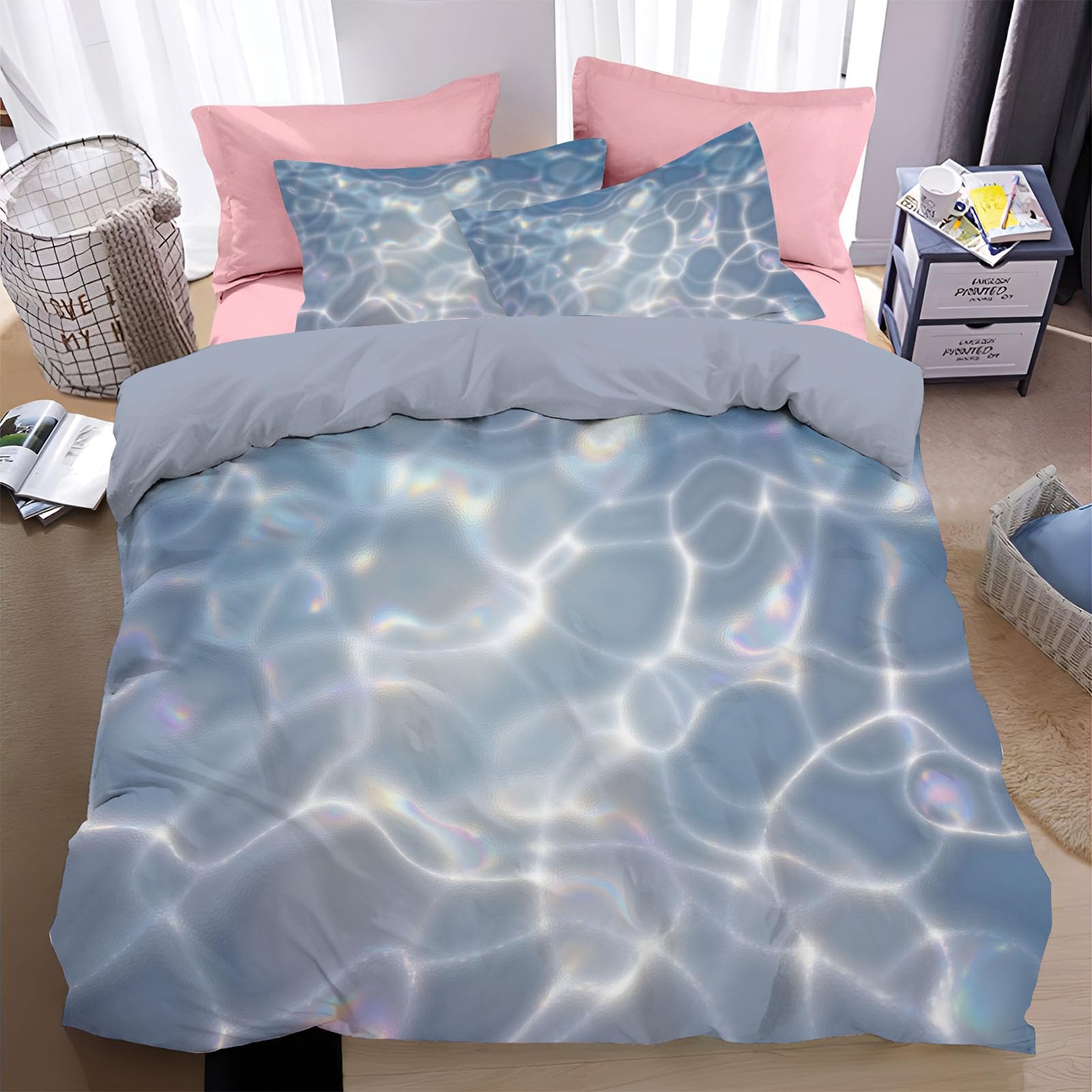 Parure de lit 2 personnes 240x260 au motif aquatique abstrait or et bleu