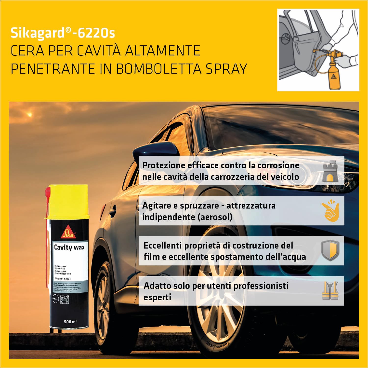SIKA - Cera spray antiruggine - Sikagard 6220 S, Ambra - Protezione per le cavità dell'auto - Penetra ovunque per una conservazione sicura e totale - 500ml