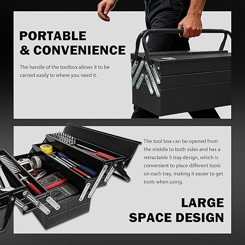 Miniatura 5 de Caja de herramientas de metal en voladizo, caja de herramientas de acero plegable de 21 pulgadas con asa de 3 niveles y 5 bandejas, caja