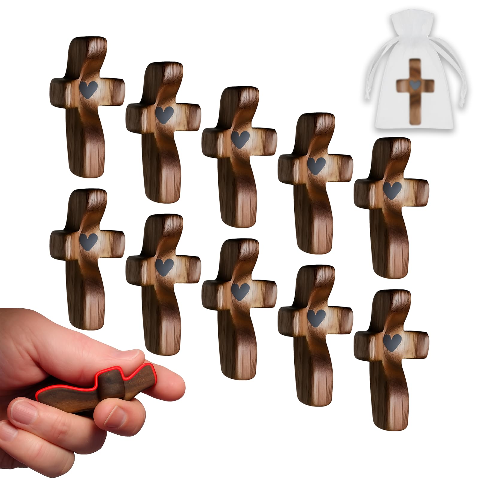 JimSeiSei 10-Pack Wooden Cross Fidget Pocket Prayer, Walnut Comfort Fidget for Anxiety Relief, Small Wooden Crosses Bulk Christian Gifts for Prayer, Church, Baptism &amp; Mother's Day with Organza Bags