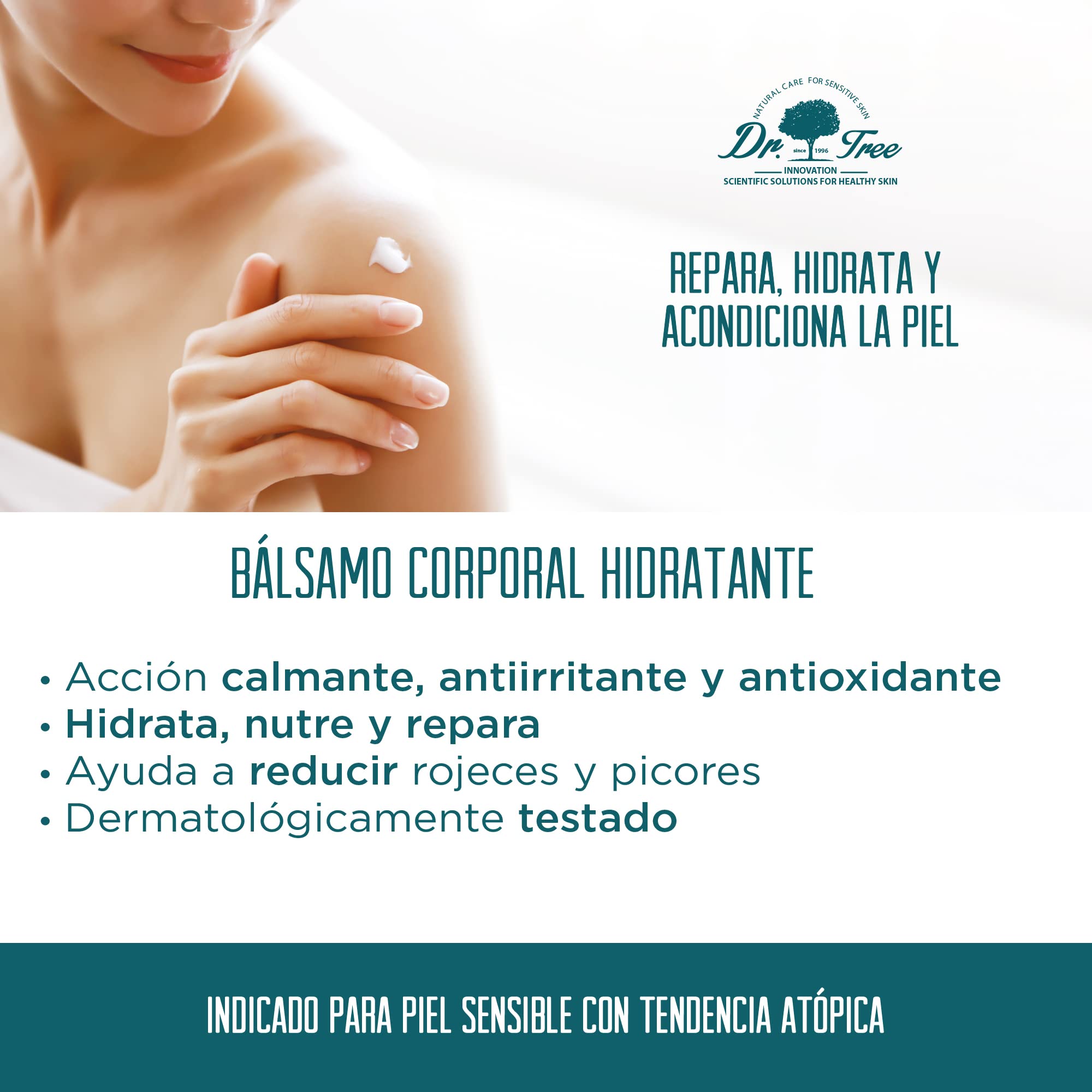 Dr. Tree Bálsamo Corporal Hidratante, Pieles Sensibles, Repara y Nutre, Rápida Absorción, Airless, Sin Sulfatos SLE, SLS, Sin parabenos, Sin siliconas, 99,5% Ingredientes Naturales, ECOCERT