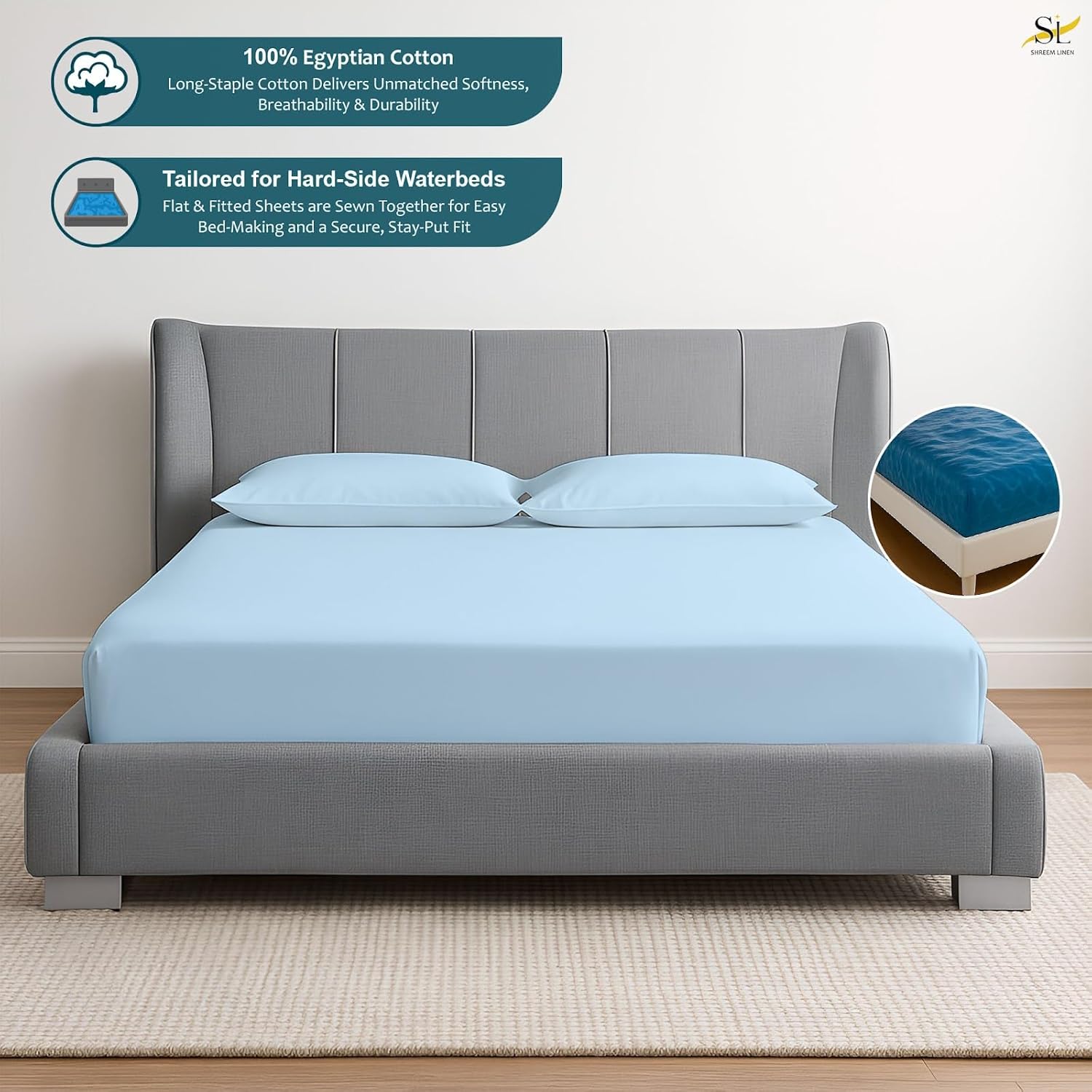 Shreem Linen Queen Waterbed Sheets, 4-Piece 100% Egyptian Cotton Attached Sheet Set with 15" Deep Pocket, Soft & Breathable Bedsheets for Water Beds, Light Blue Solid