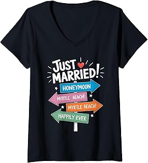 Womens Honeymoon Road Sign Myrtle Beach Newlyweds V-Neck T-Shirt