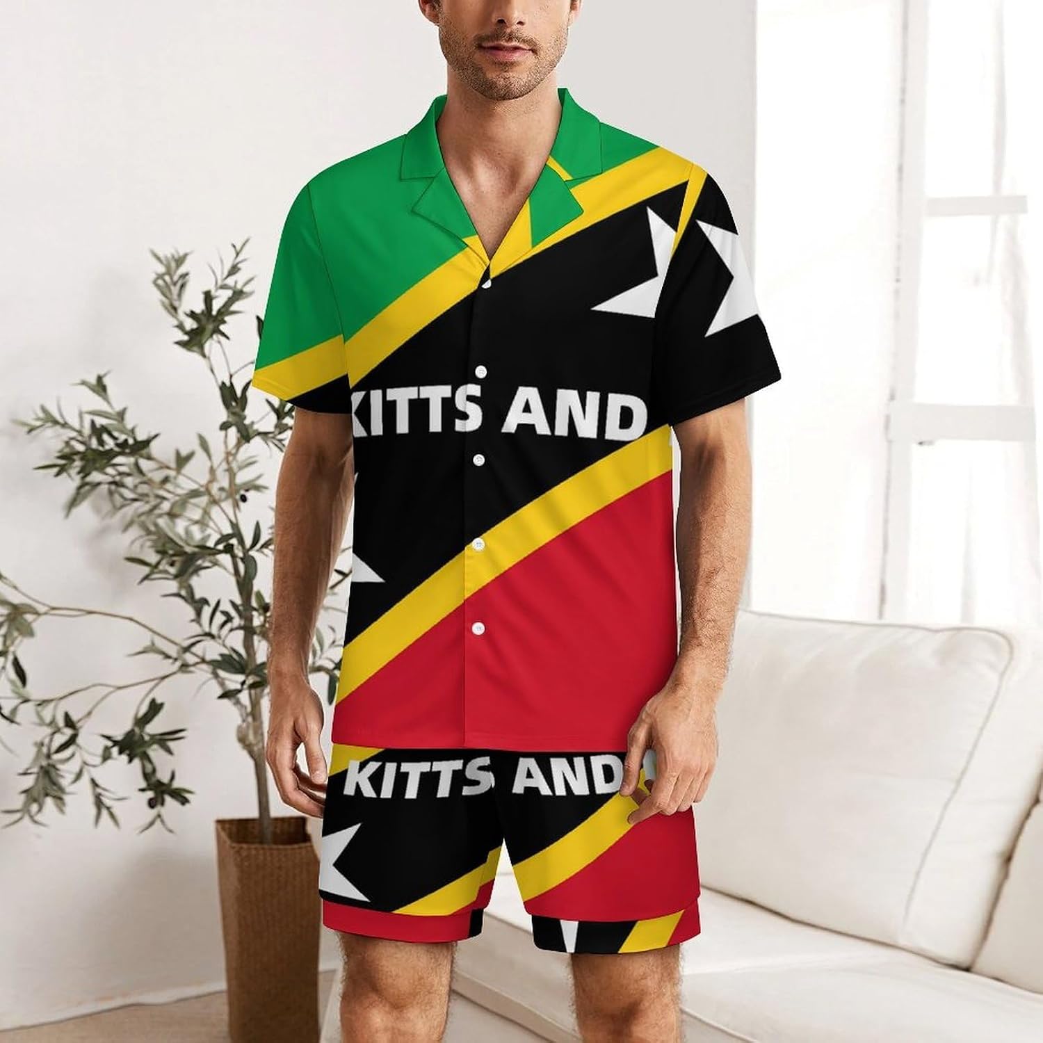Saint Kitts And Nevis Flag Men's Short Sleeve Pajama Set Satin Silk Like Lounge Sleepwear