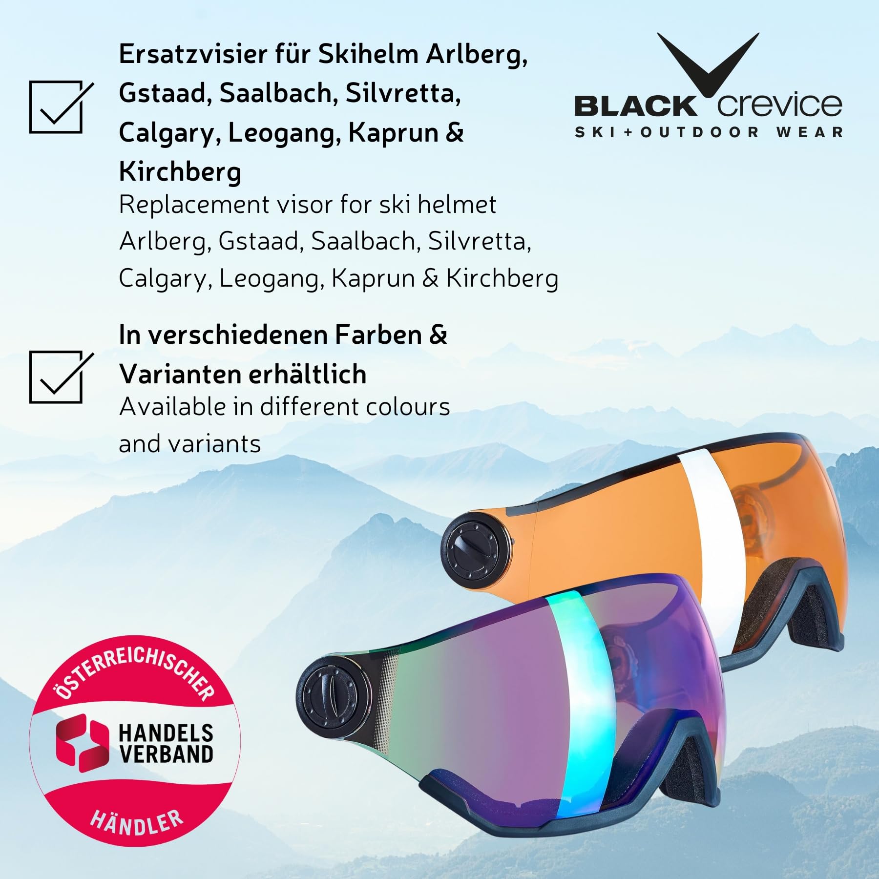 BLACK CREVICE Visière de rechange avec protection complète I Visière de rechange pour casque de ski Arlberg & Gstaad & Saalbach & Silvretta I 5 couleurs I Visière de casque de ski avec revêtement