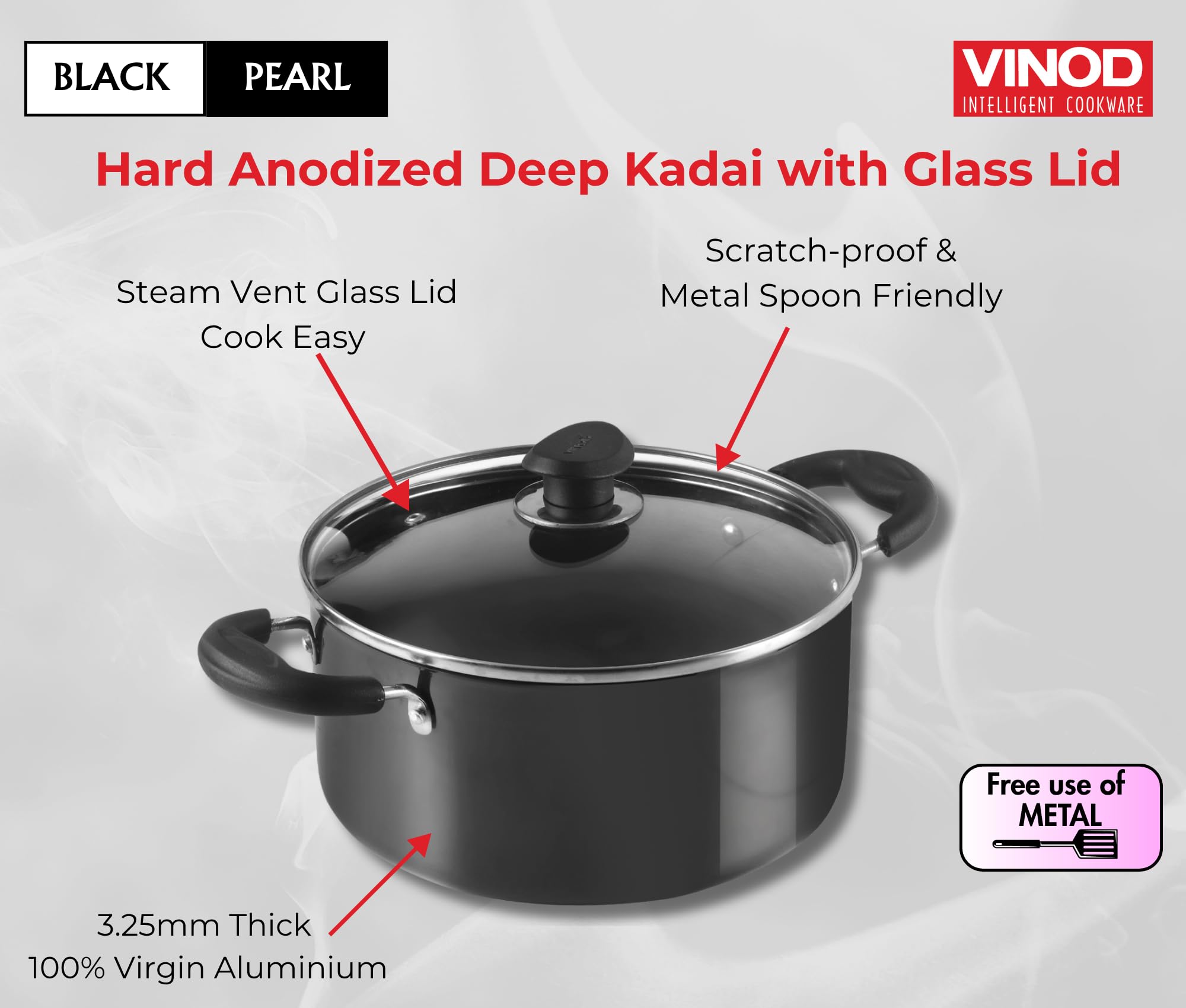 Vinod Black Pearl Hard Anodised Saucepot with Glass Lid 5 Litre, 24cm | 3.25mm Thick | Metal Spoon Friendly | Riveted Sturdy Handles | Toxin Free | 2 Year Warranty - Black - Image 5 thumbnail