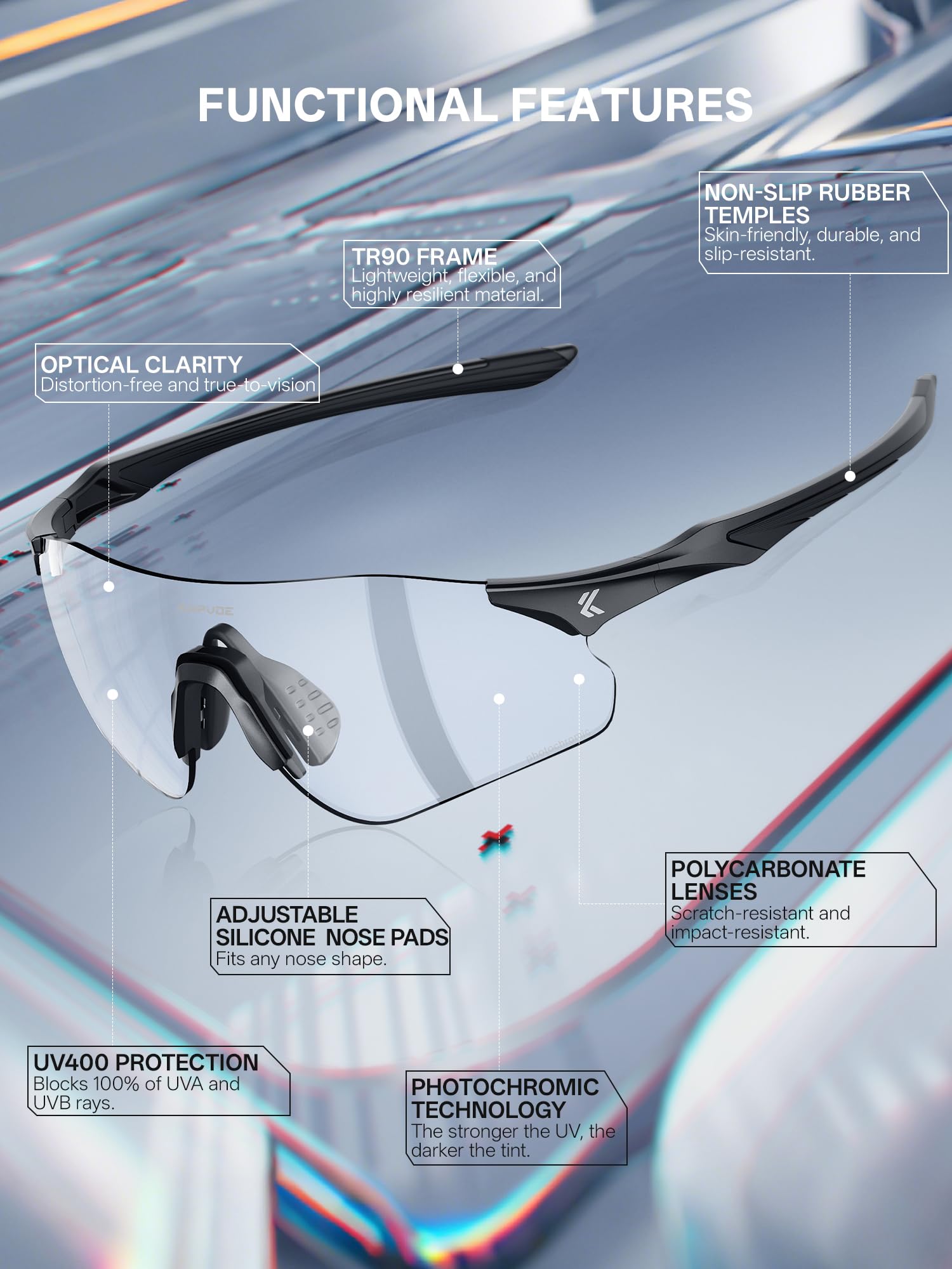 KAPVOE Occhiali da Sole Sportivi Fotocromatici Uomo Donna, Occhiali UV400 Senza Cornice 22g con Nasello in Silicone Regolabile, per Corsa Ciclismo Baseball Guida K108