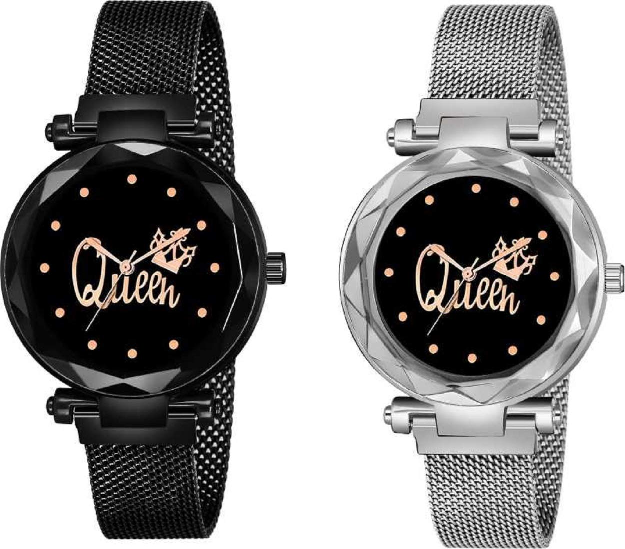 KIARVI GALLERY Clausal Queen Dial Designer Magnetic Metal Strap Analogue Watch for Girls and Women (Pack of 2) (Black Silver) (B08Y6FL72M) Amazon Price History, Amazon Price Tracker
