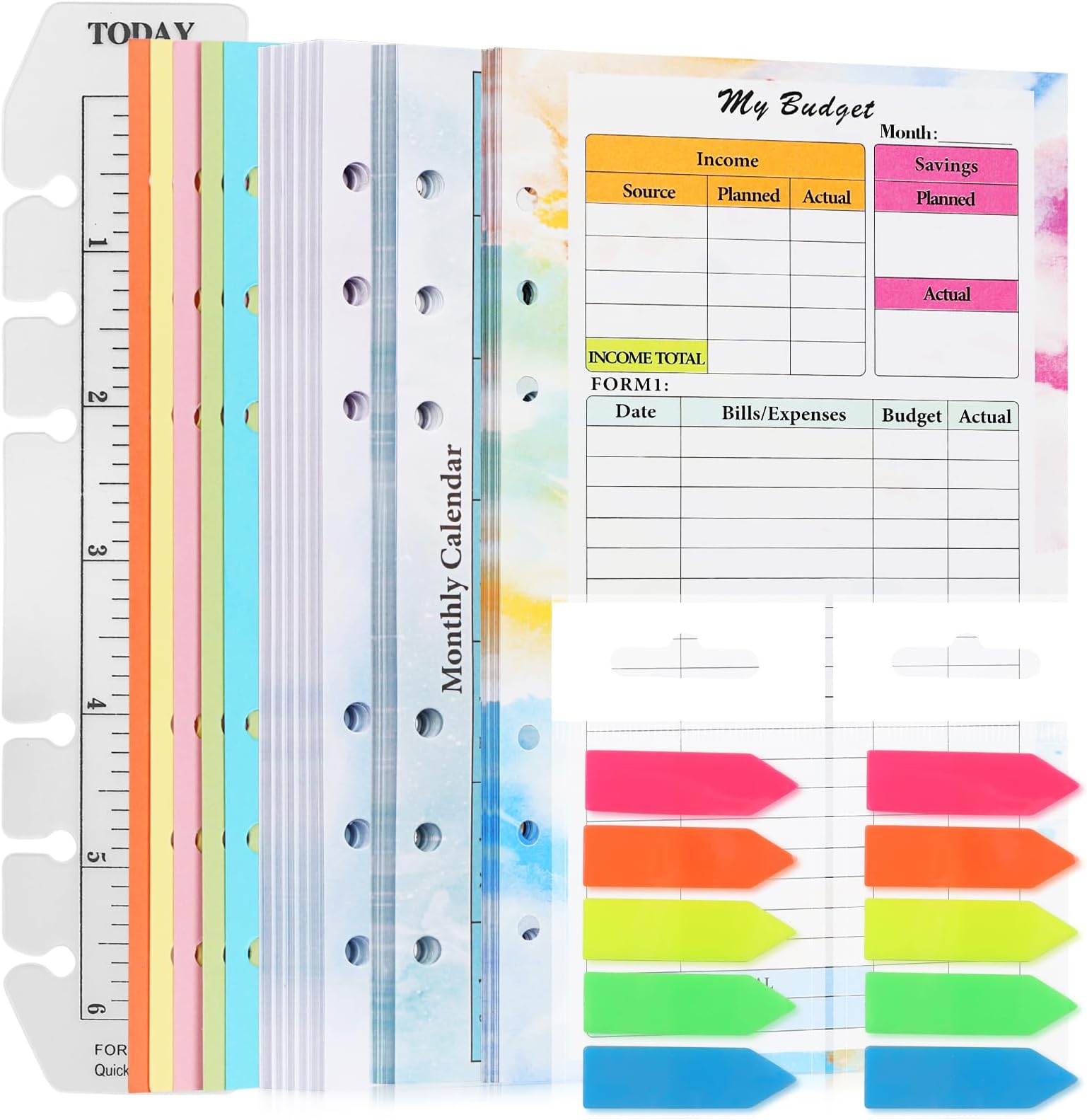 7 Pack A5 Planner Inserts Monthly Weekly Planner Refills Paper 6 Ring Expense Budget Sheets with Cash Envelopes Divider Ruler Stickers, for A5 Planner Binder Cover, Colorful