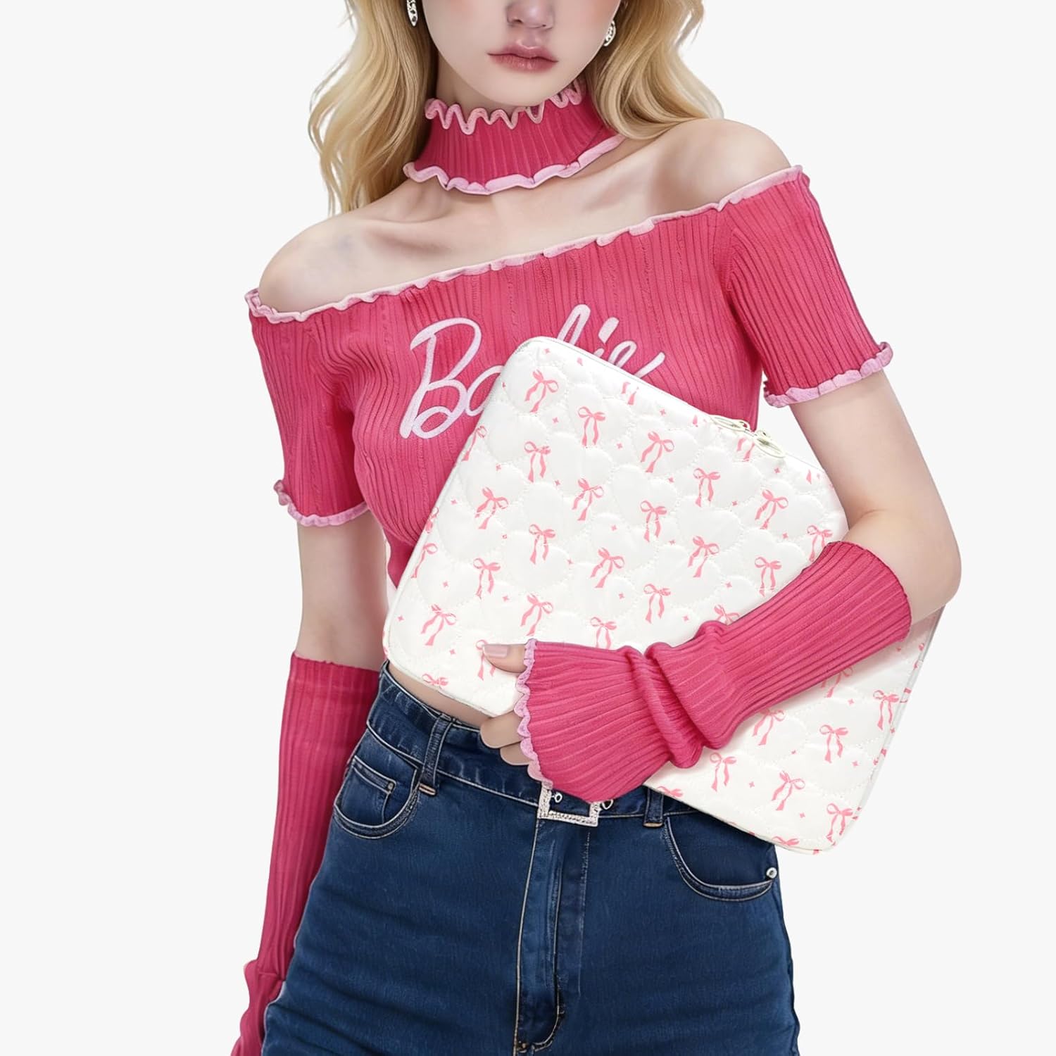 Cute Bow Puffy Laptop Sleeve 13-15 Inch Cute Quilted Laptop Protective Case Padded Bow Computer Sleeve for MacBook - Image 2