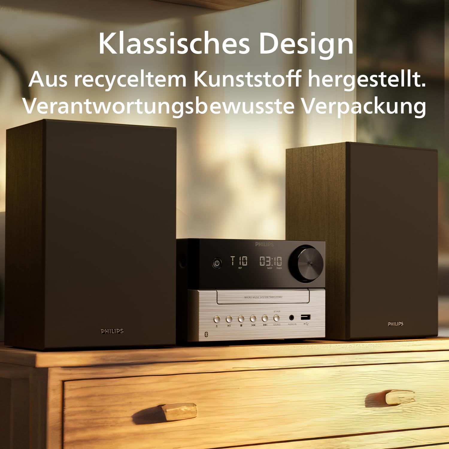 Philips TAM3205M2 HiFi Mikromusik-Anlage, Bluetooth-fähig, CD-Player, USB, Auracast FM Radio, 85% PCR-Material