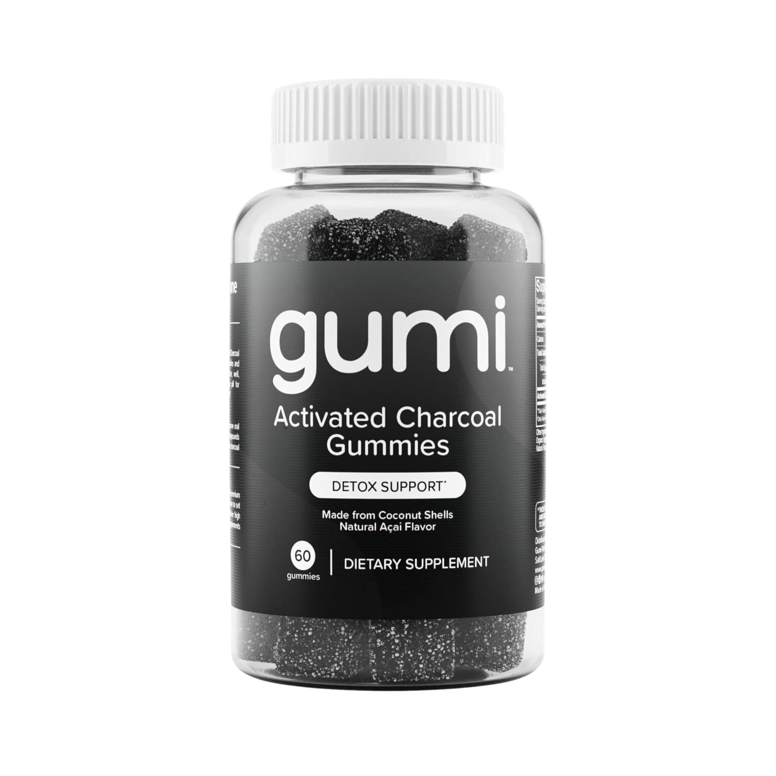 Gumi Nutrition Coconut Activated Charcoal Gummies - Charcoal Supplements for Detox, Oral Health & Gut Health - 200mg Gummy Vitamin - Gluten Free, Vegan & Non GMO - Natural Açaí Flavor (60 Count)