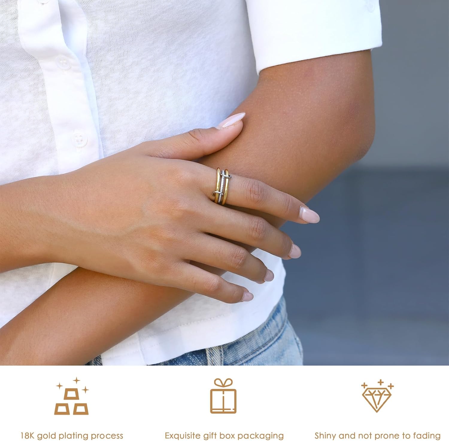 Gold Stackable Rings for Women,18K Gold Plated with Cubic Zirconia,Silver Gold Stacked Multi Ring Interlocking Mixed Stacked Rings for Women Non Tarnish Size 5-10 - Image 3