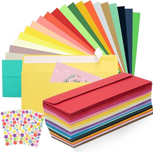 200 sobres coloridos, 10 sobres de correo de negocios con solapa cuadrada autosellante, sobres de colores para cartas, invitaciones, oficina, tamaño