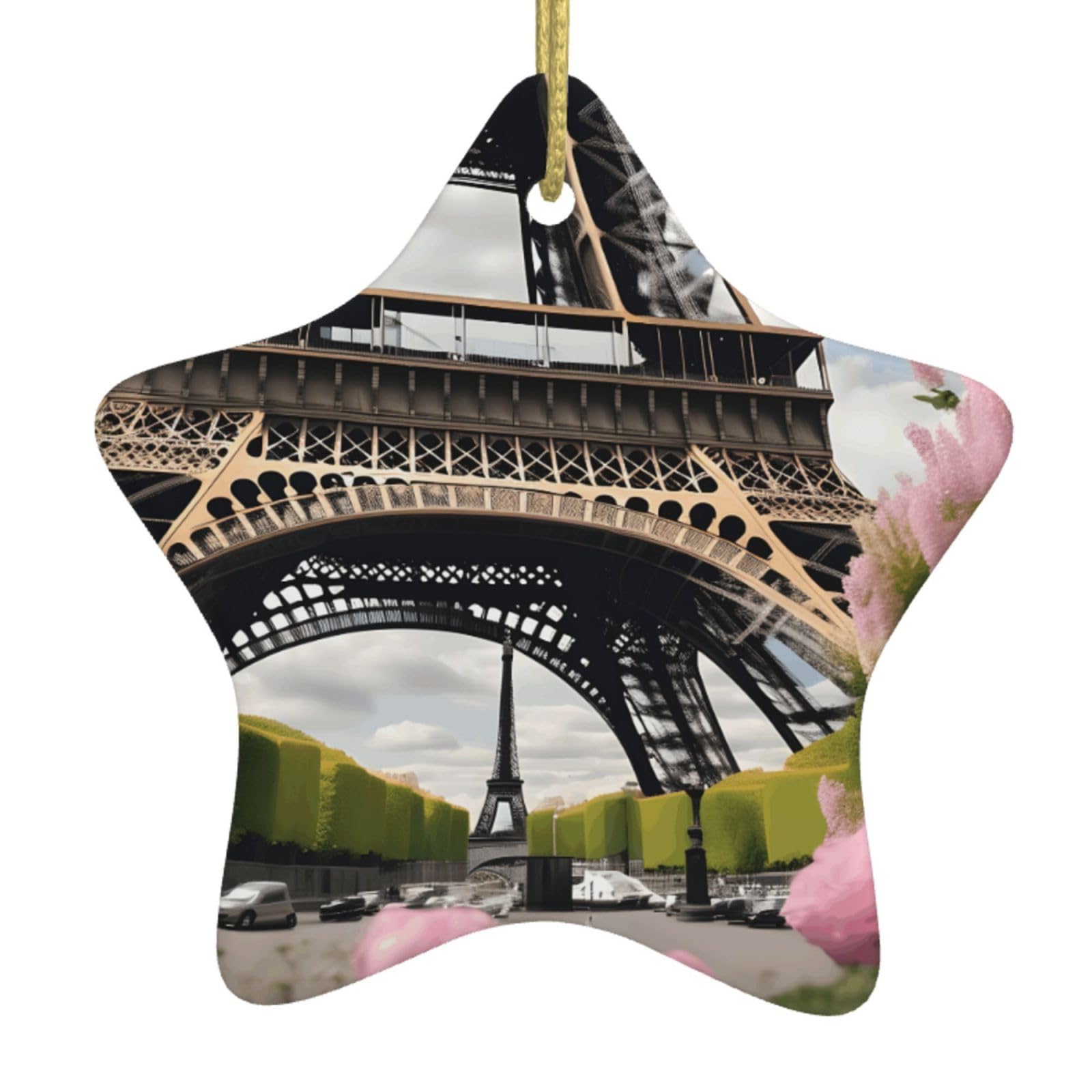 Nbtghga White Flower Paris Eiffel Tower Print Christmas Ornaments, Ceramic Hanging Ornament, Round Shape Decorations
