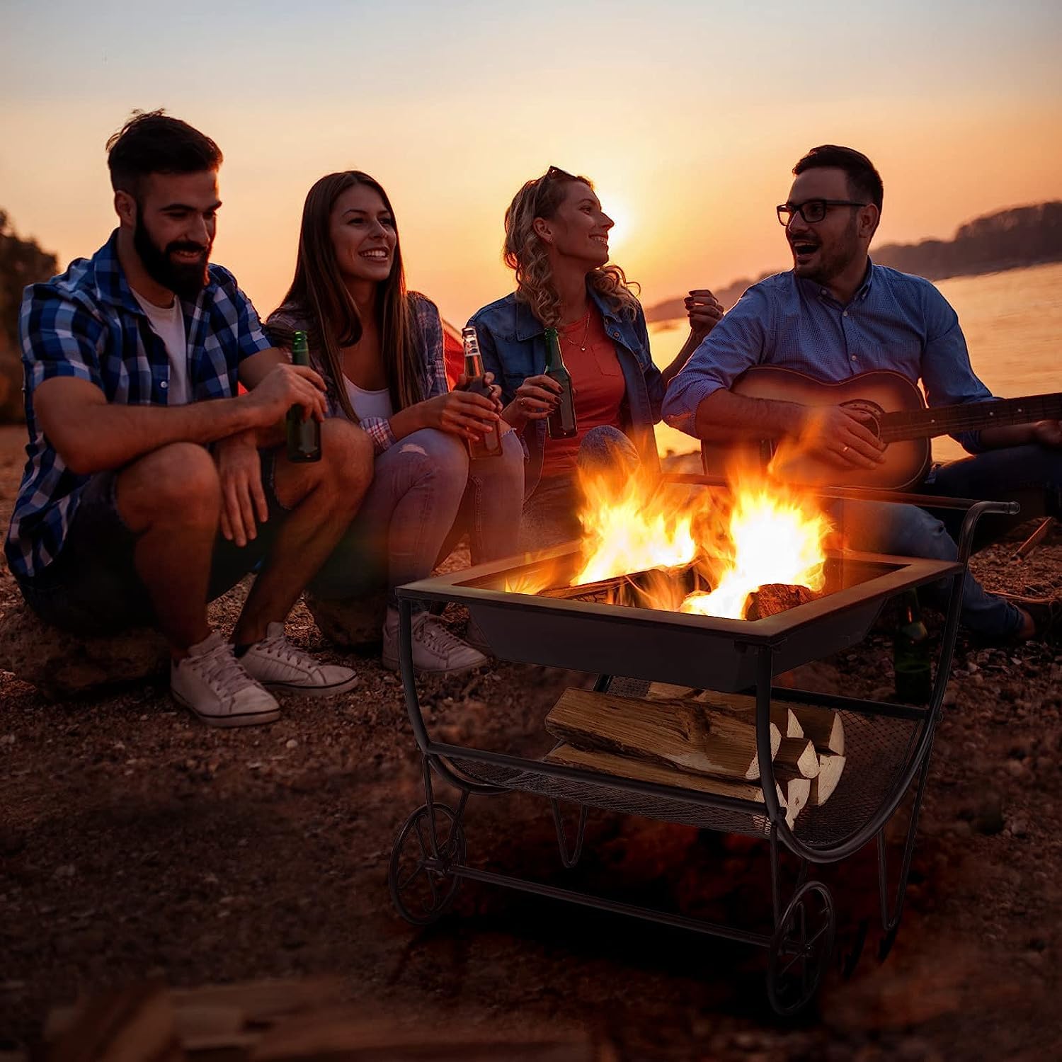 GYMAX Chimenea con Ruedas, Estufa de Leña para Terraza con Estante de Almacenamiento, Bandeja de Fuego, Brasero Exterior Jardin Portátil para Leña para Hogueras, Camping y Picnic, Negro