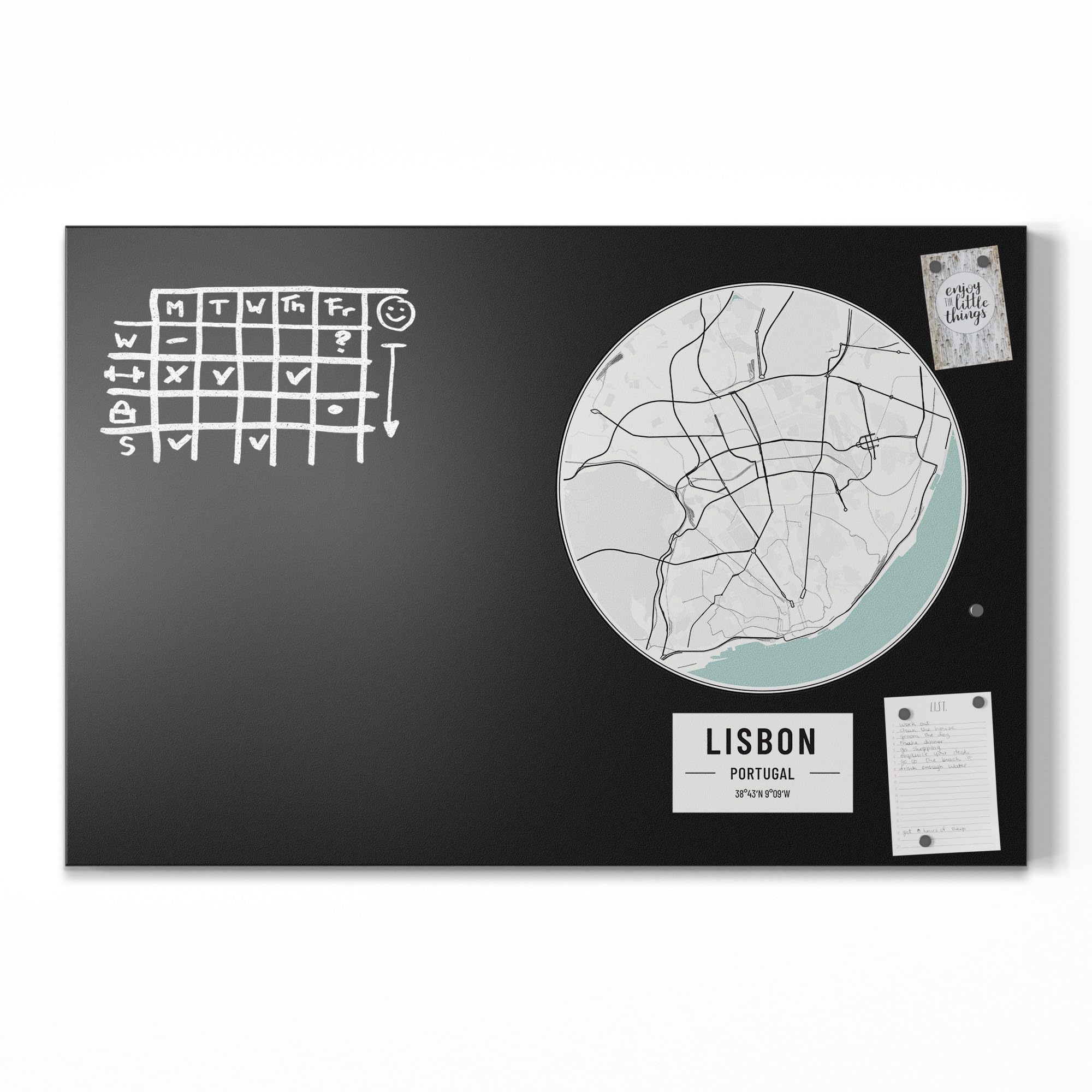 DEQORI Magnetyczna tablica do pisania kredą z nadrukiem UV | motyw "mapa miasta Lisbon" | prostokątna tablica o wymiarach 90 x 60 cm | metalowa tablica kredowa do pisania – dekoracja ścienna do kuchni