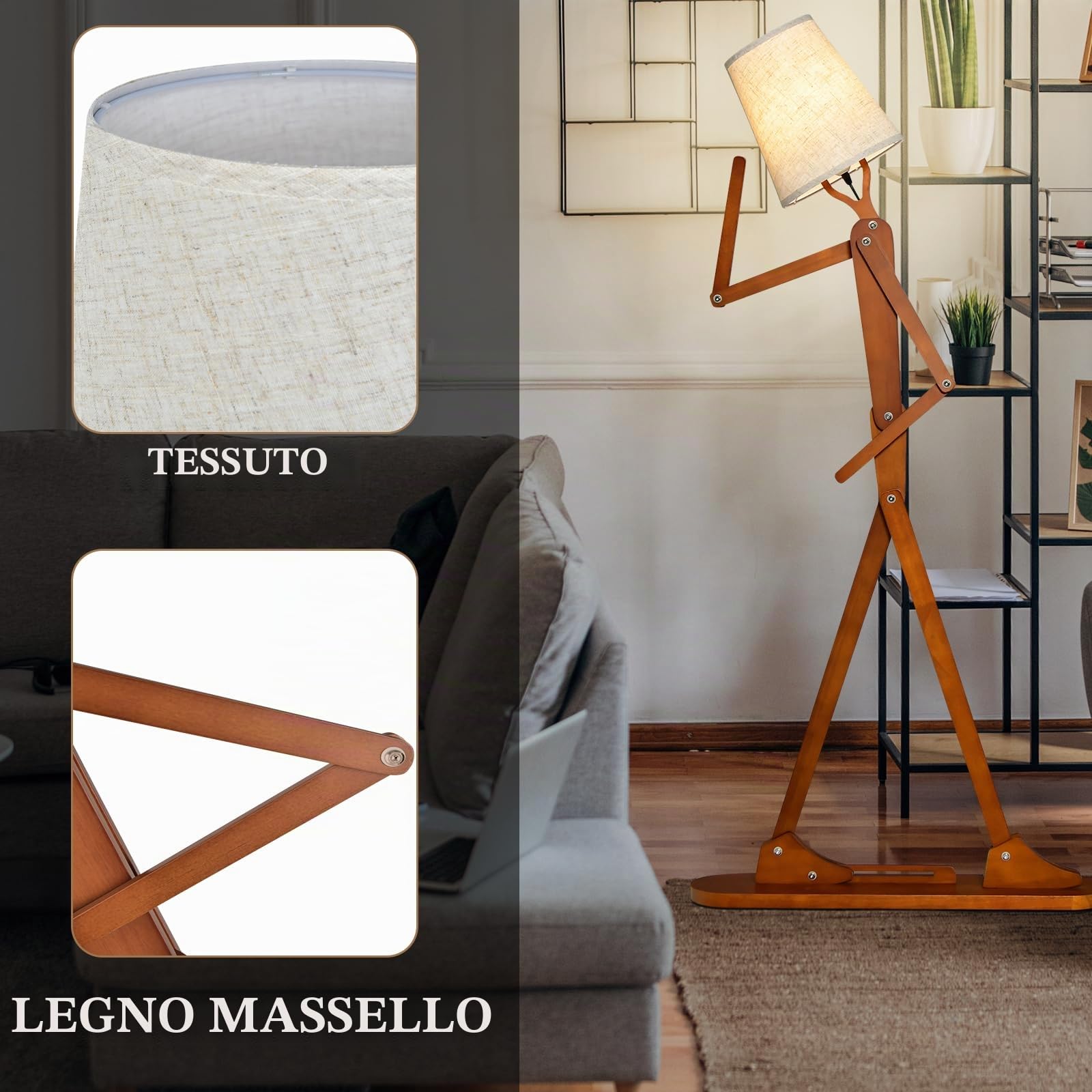 HOMASIS Lampada da Terra Umanoide, Illuminazione Creativa e Decorativa in Legno, Postura intercambiabile, Lampada da Pavimento Salotto con Interruttori a Pedale, Alto 160 cm, Marrone