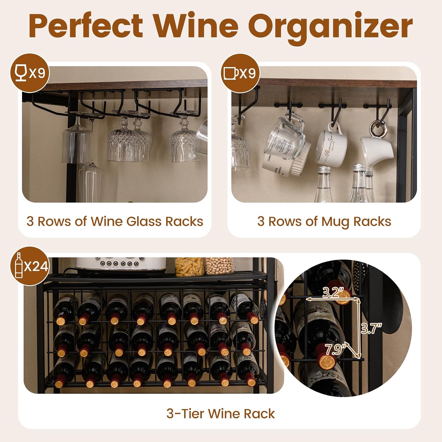Giantex Wine Rack Freestanding Floor, Wine Bar Cabinet w/Power Outlet & RGB Light, Glass & Mug Holders, 24 Bottle Holders & 8 Hooks, Industrial Bakers Rack for Kitchen, Bar (Black + Rustic Brown)
