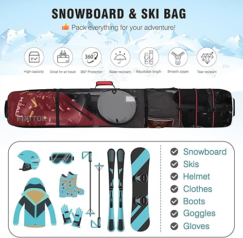 Miniatura 22 de Bolsa de snowboard y esquí para viajes aéreos, bolsa de snowboard acolchada completa, impermeable, para botas, ropa, casco y equipo, bolsa de esquí