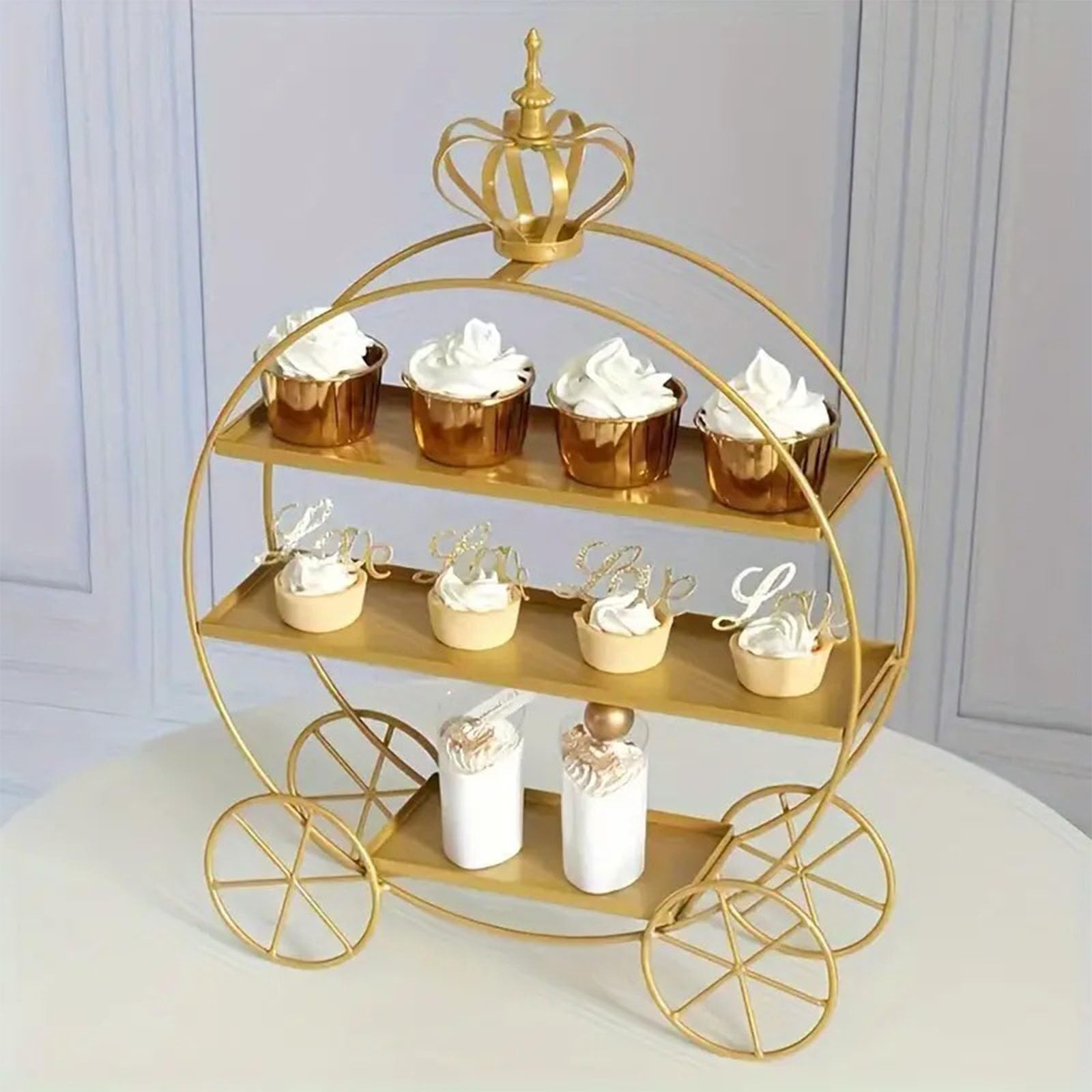 Supporto per cupcake a tre strati in metallo cavo in pizzo lame rotonde stabile piedistallo svasato in ferro resistente alla ruggine matrimonio compleanno pomeridiano a buffet, oro