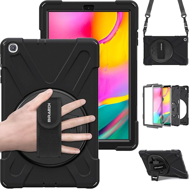 Samsung Galaxy Tab A 10.1 2019 Case, BRAECN Rugged Shockproof Dropproof Case Cover with Rotating Hand Strap/Kickstand and Carrying Shoulder Strap for Galaxy Tab A 10.1 inch 2019 T510 T515 Tablet-Black
