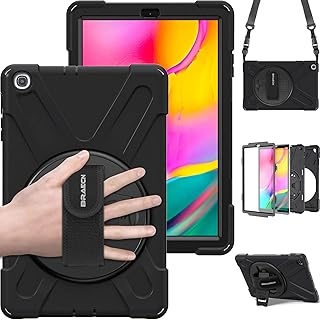 BRAECN Galaxy Tab A 10.1 2019 Case, Heavy Duty Shockproof Rugged Case with 360 Degree Rotating Hand Strap/Stand and Shoulder Strap for Samsung Tab A 10.1 SM-T510/T515 2019 Model-Kids Student (Black)