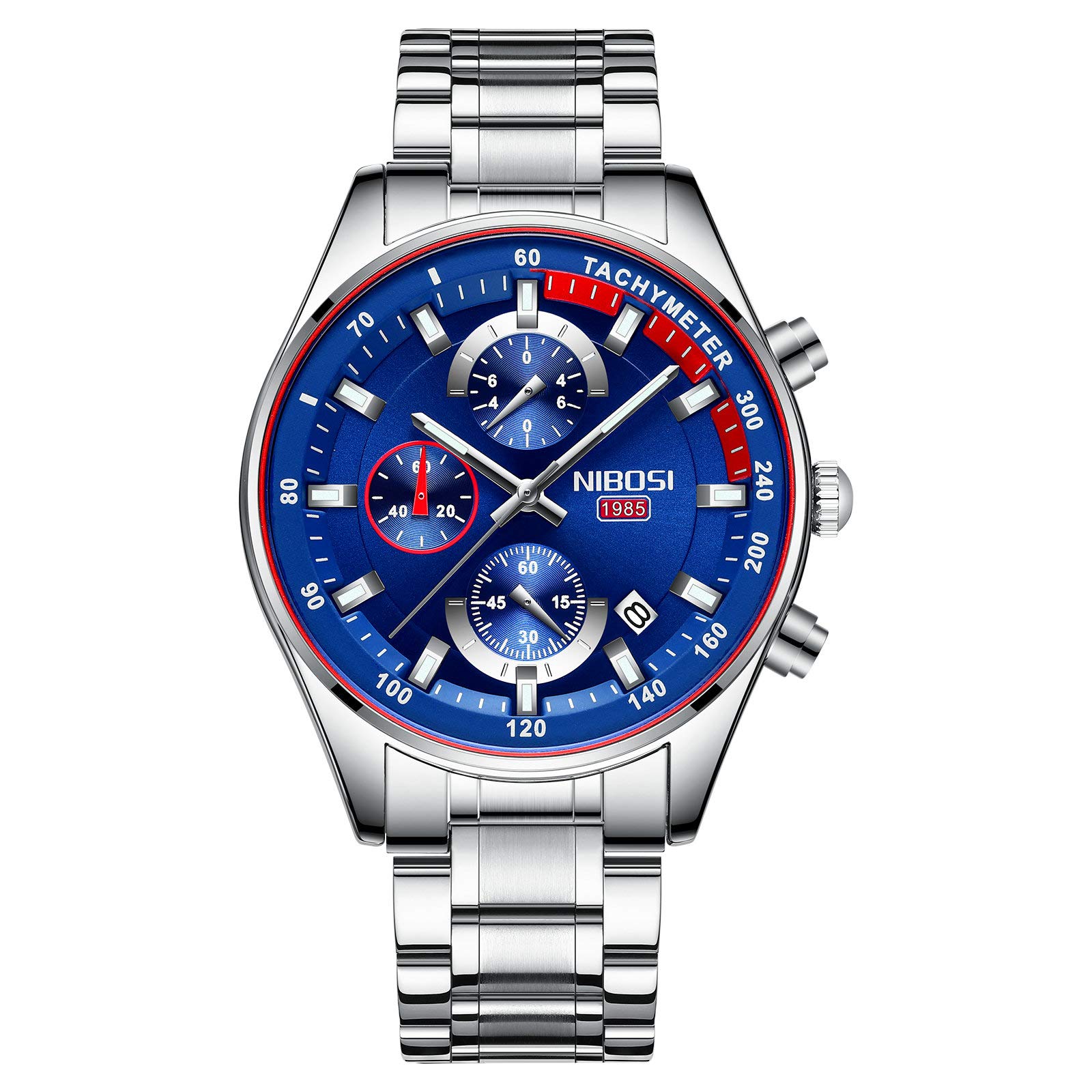 NIBOSI Chronograph Quartz Stainless Steel Mens Wrist Watch (Blue Color Dial and Silver Color Strap (B09FZL73WJ) Amazon Price History, Amazon Price Tracker