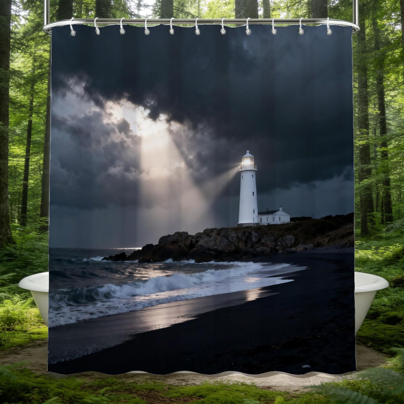 Hongduo 3D Coastal Lighthouse Shower Curtain for Stalls Bathtubs Ocean Marine Theme Bathroom Decor Shower Curtain Set Polyester Fabric Waterproof 200x200cm/79X79 Inch with Hooks