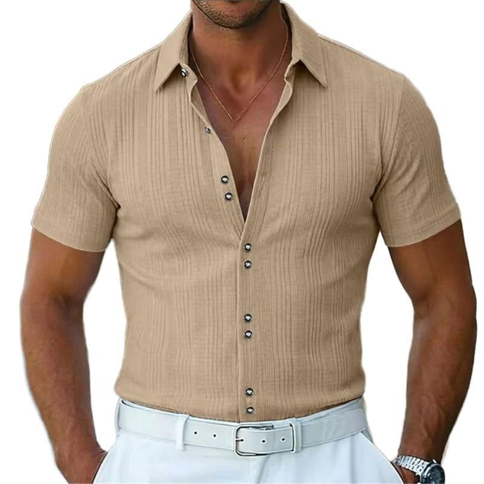 Chemise Homme tissée texturée, Respirante Boutonnage Manches Courtes Plage