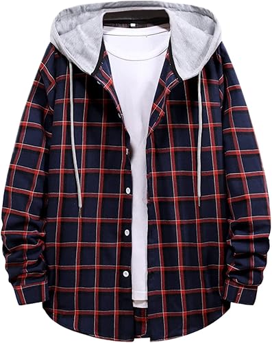 EELHOE Men's Long Sleeve Hooded Plaid Shirt Jacket Autumn Winter Trendy Button Down Tops Lightweight Classic Fit Hoodies