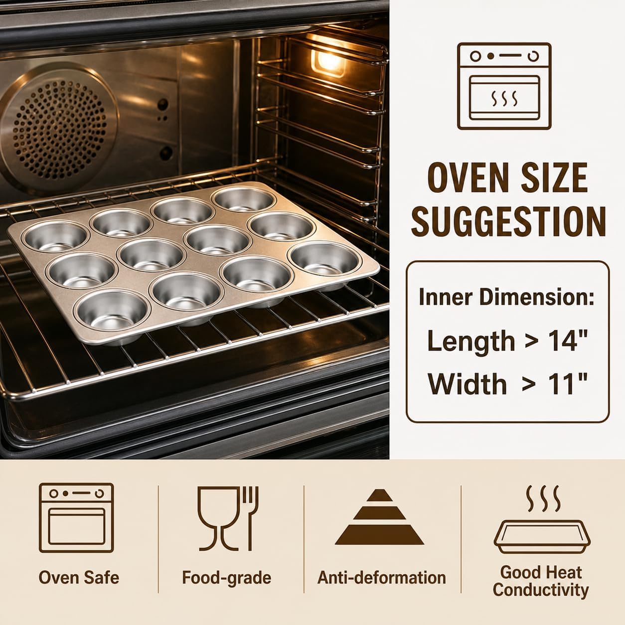 12-Cup Muffin Pan, Stainless Steel Cupcake Pan for Baking, 1-Pack