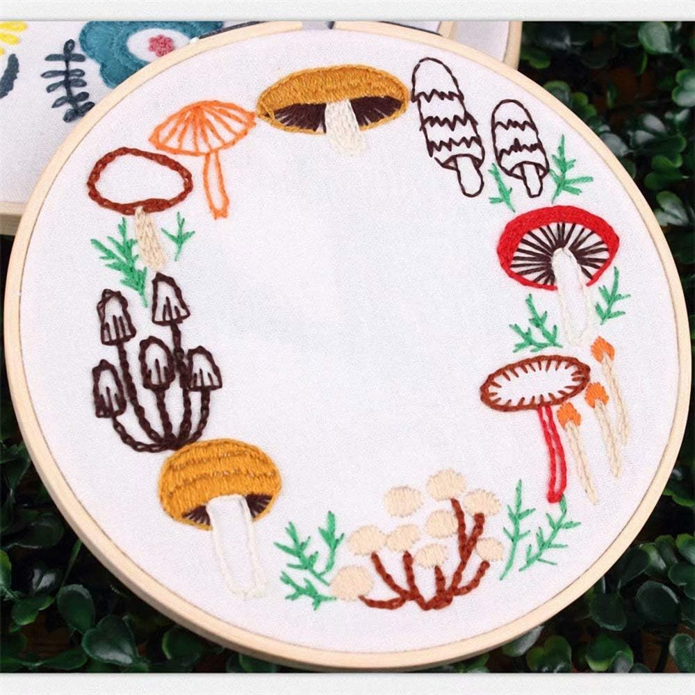Full Range of Embroidery Starter Kit with Pattern,Full Range of Stamped Embroidery Kits with 1 Embroidery Clothes with Flower Mushroom Pattern, Embroidery Hoop, Color Threads and Tools Kit