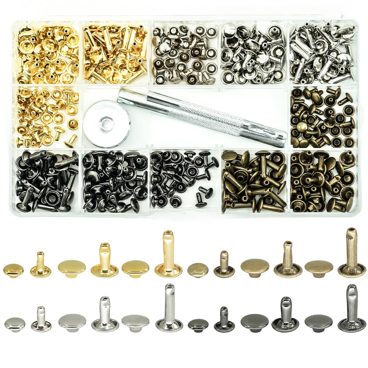 ciciment Leather Rivets 180 Set Double Cap Rivet Tubular Metal Studs with Fixing Tool Kit for Leather Craft Repairs Decoration, 3 Sizes,4 Color