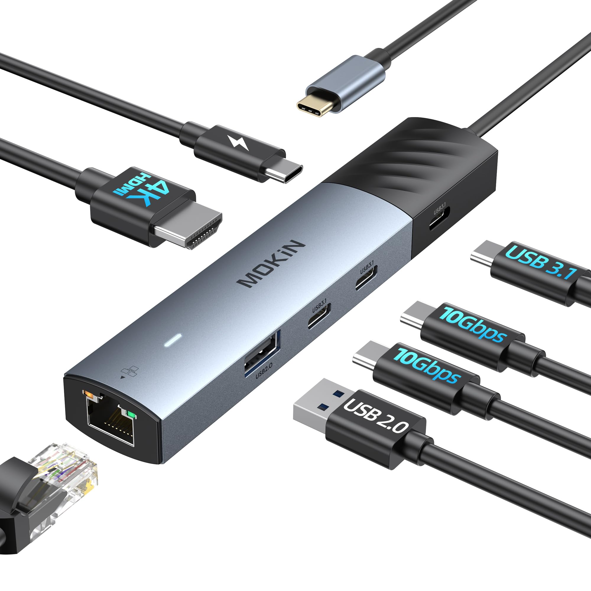 MOKIN USB C HUB, 7 in 1 Adapter mit 4K@60HZ HDMI, Ethernet, 3*USB-C 3.1 Ports und 1*USB-A Datenanschlüsse, PD100W, RJ45, Multiport Adapter für MacBook Pro/Air, Surface, Dell XPS, HP, Thinkpad