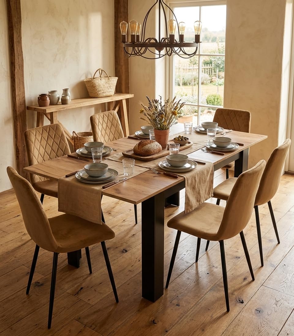Tavolo da pranzo allungabile 120-160 x 80 cm, tavolo da cucina, tavolo da pranzo, con ripiano, telaio nero, effetto legno, cucina, sala da pranzo e soggiorno, colore: rovere artigianale