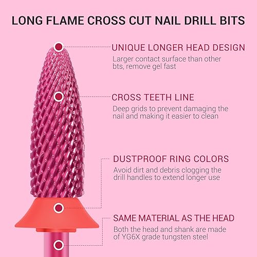 Miniatura 10 de MelodySusie Brocas largas para uñas con llama, brocas de tungsteno de carburo de 332 pulgadas, adecuadas para manicura, pedicura, cutícula, esmalte
