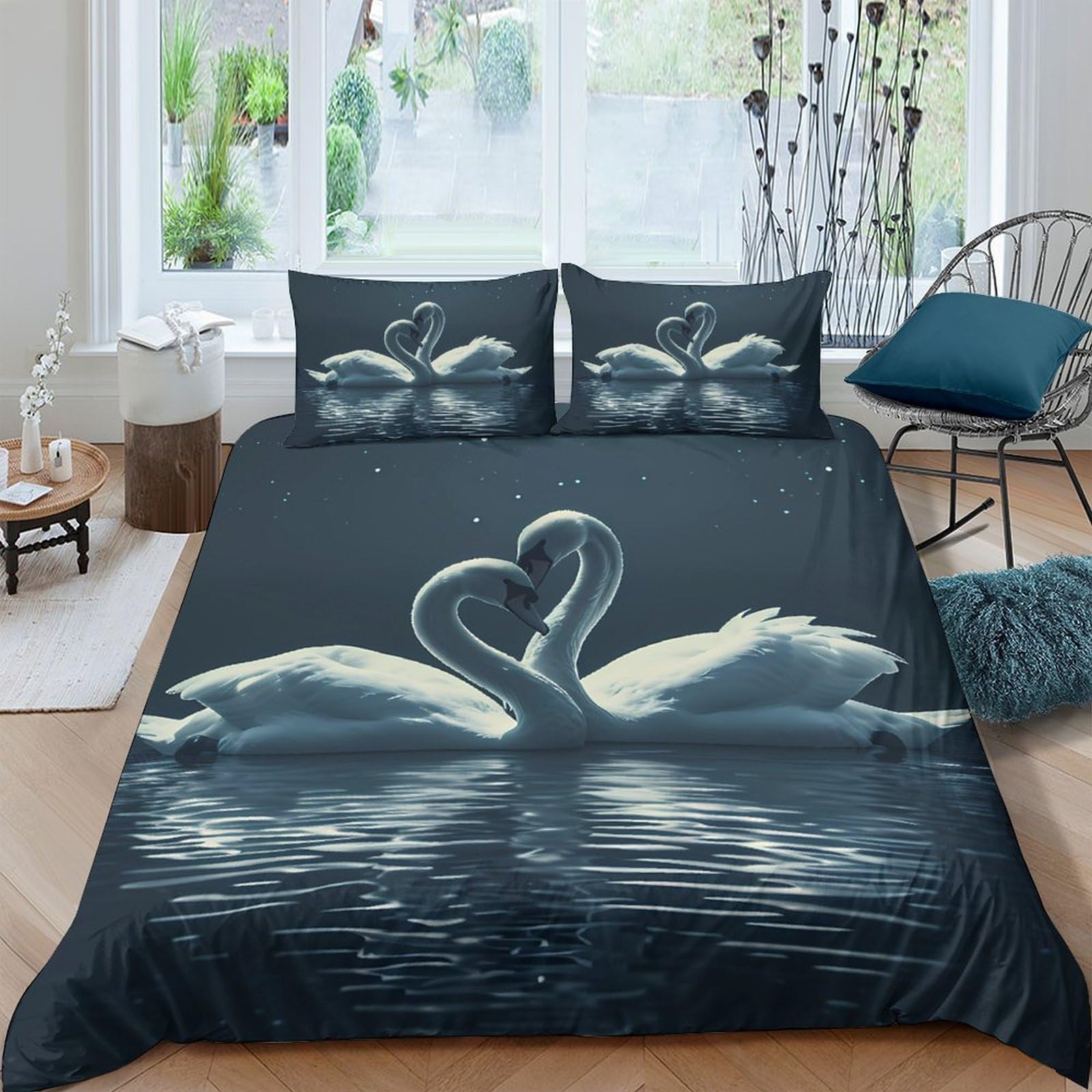 Ctjqhvkz Style-9 3D Printed Swan Lake Fitted Sheet Microfiber Soft Bedroom Decor Heart Shaped Swan Mattress Cover For Home Single（135X200cm）