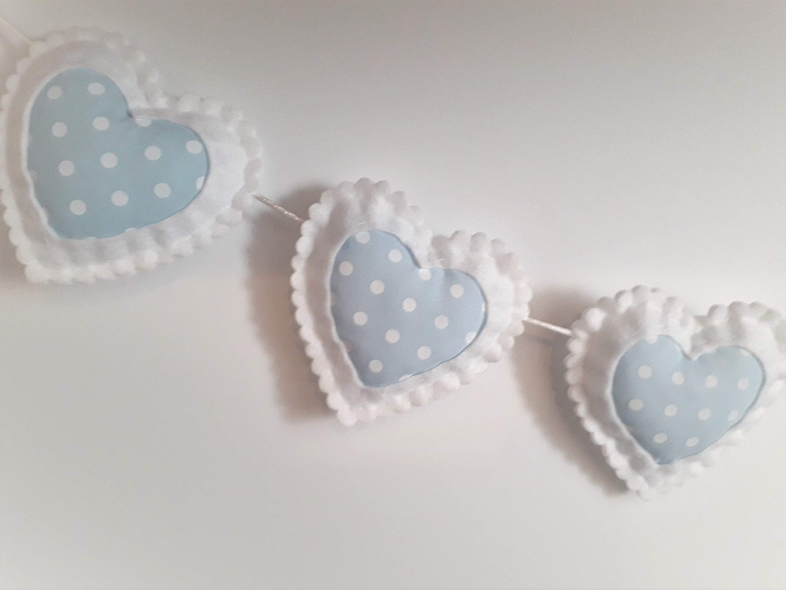 Baby Boys Bedroom Accessories, Blue and White Polka Dot Love Hearts Felt Hanging Hearts Decoration. Decorative Boy Nursery Room Bunting Garland Decorations. Lovely Heart Shaped Baby Shower Decor.