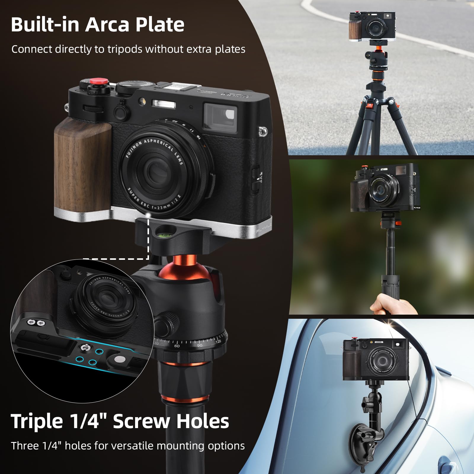 BRDRC Accessori Grip per FUJIFILM X100VI / X100V, maniglia a forma di L con piastra Arca-Swiss a sgancio rapido e copertura per pollice in metallo Hot Shoe e 2 pulsanti di scatto Fuji X100VI / X100V