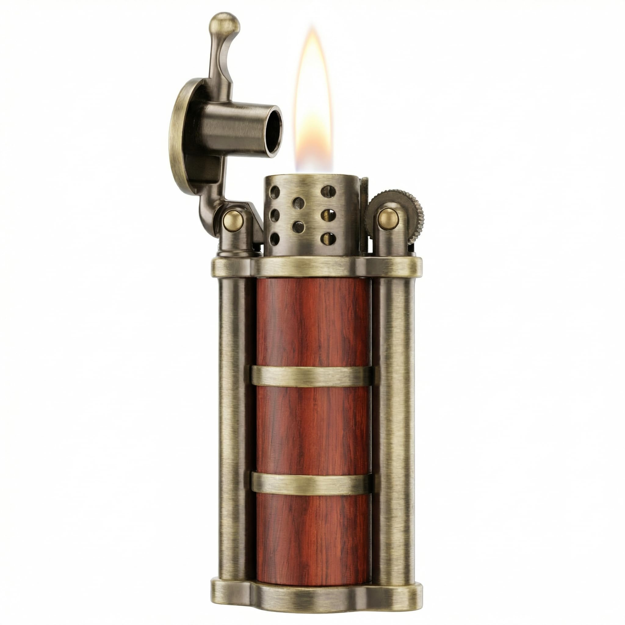 Rosewood Case Antique Style Petrol Kerosene Soft Flame Cylinder Type Windproof Lighter (Bronze)