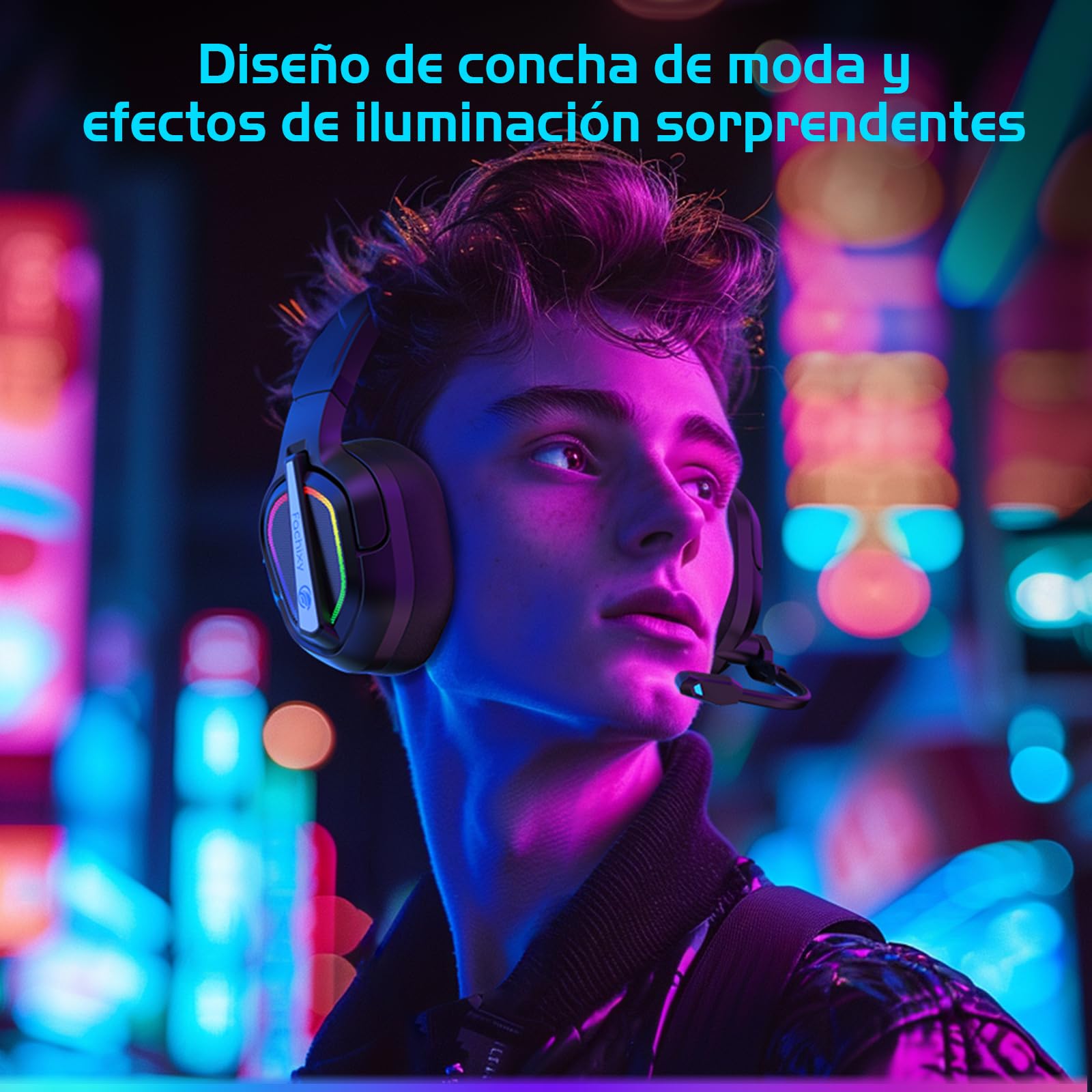 Fachixy「2025 Nuevo」FC200 Cascos Gaming Inalámbricos para PC, PS5, PS4, Auriculares Gaming Inalámbricos de 2,4GHz Wireless+Bluetooth - Baja Latencia, Duración 40Hr+, Luces RGB (Azul-Negro)