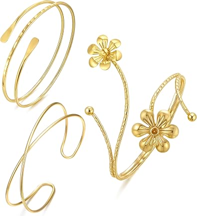 BOMAIL 3Pcs Gold Arm Cuff Bracelets for Women Open Adjustable Upper Arm Bangle Adjustable Coil Swirl Armlet Armband Set Minimalist Upper Arm Cuff Jewelry for Women