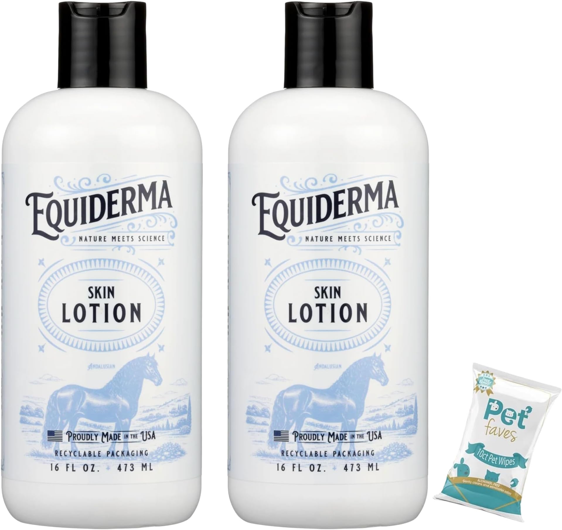 EQUIDERMA (2 Pack) Horse Skin Lotion with 10‑Count Pet Faves Pet Wipes – Gentle Soothing Relief for Cannon Bone, Mane & Tail Irritation, Dry Skin & Scabs