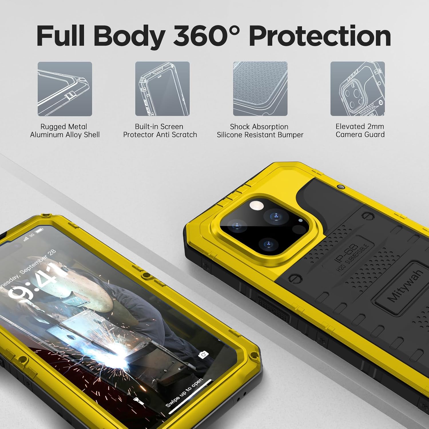 Mitywah Waterproof Case for iPhone 14 Pro, Heavy Duty Shockproof Case with Built-in Screen Protector, Full Body Underwater Protective Metal Case 6.1 inch, Yellow