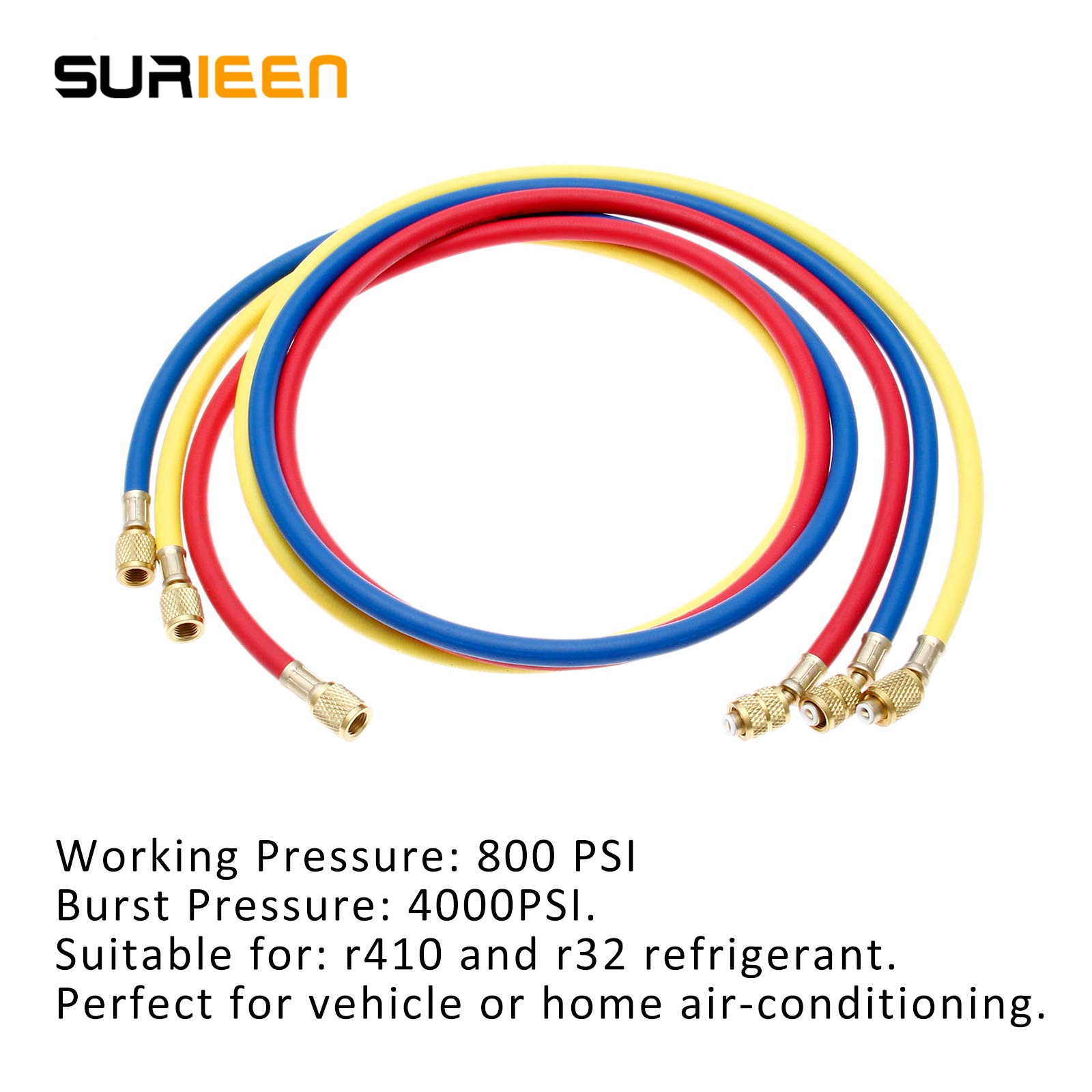 Set di tubi di ricarica CA refrigerante R410A, tubo di ricarica CA da 60 pollici SAE a 5/16 SAE, adatto per R410 R32 aria condizionata e HVAC Manifold Manifold Hose Kit (4000-800) PSI (3